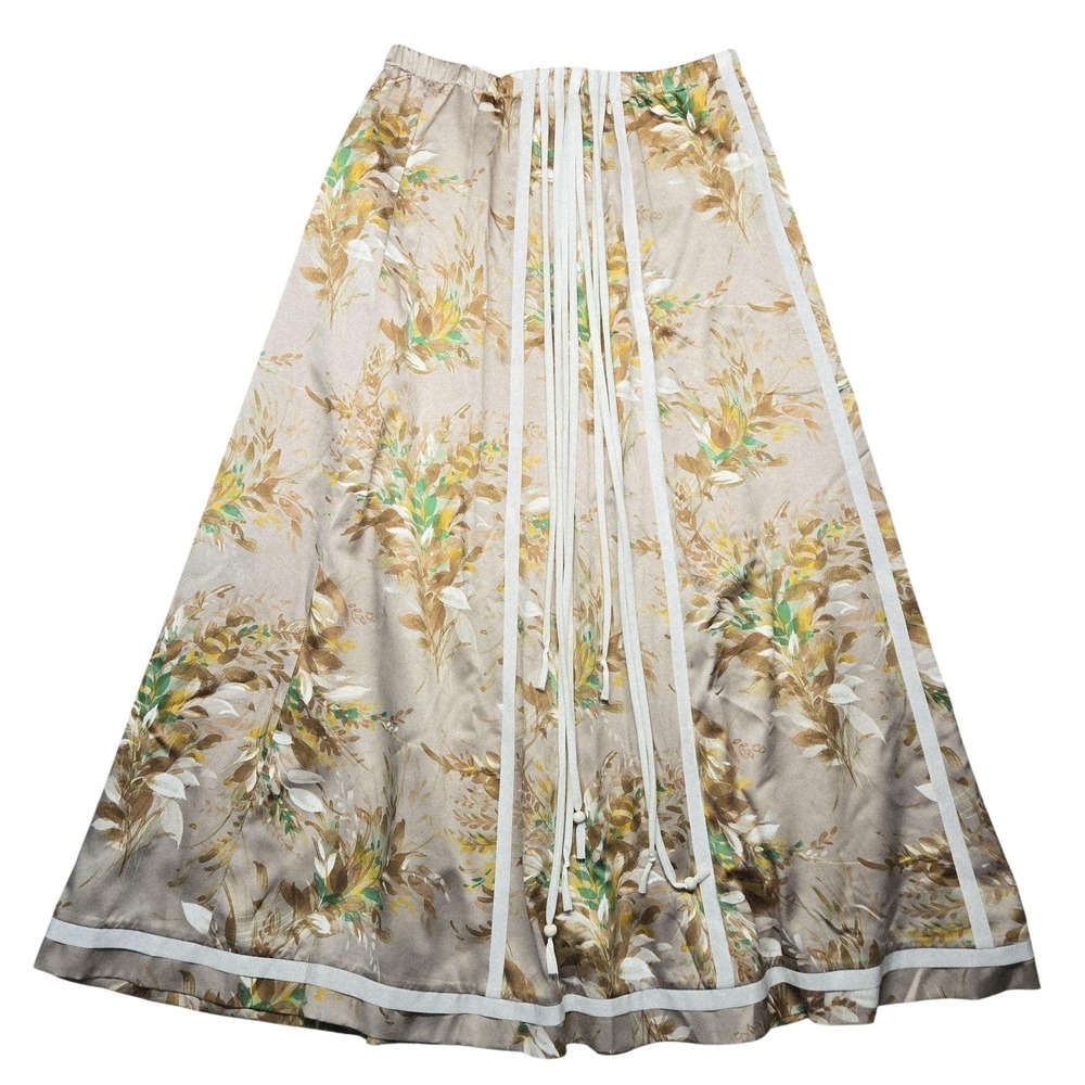 Vintage Chessa Davis Skirt Womens Medium Beige Floral Satin Boho Maxi 70s USA